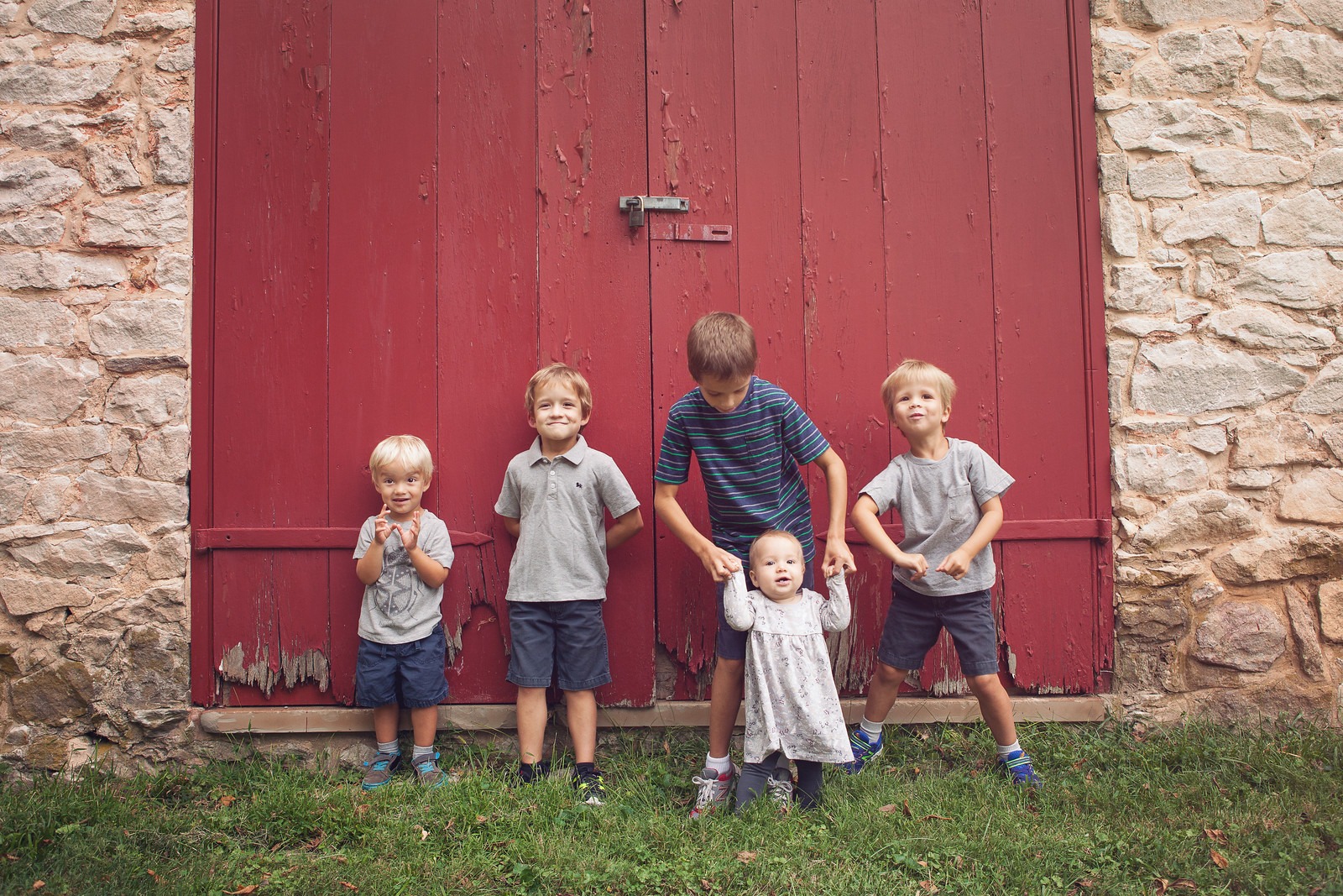 Children Photo Session in Front of Farm House Red Door