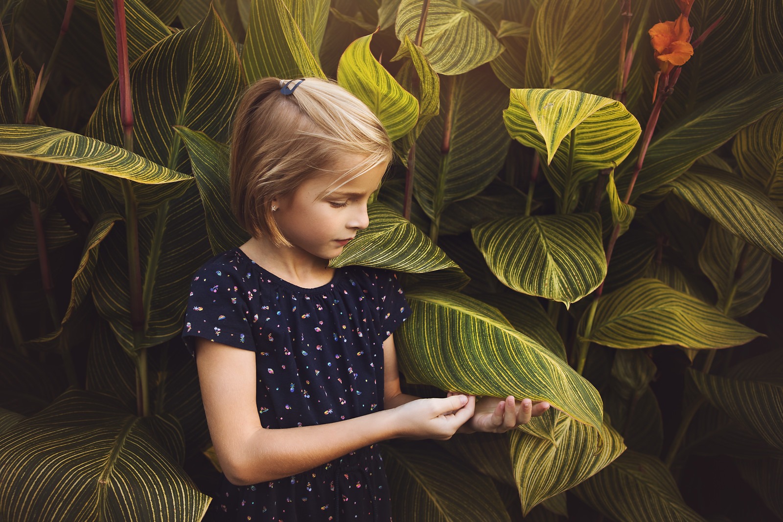Girl in Blue with Canna Flowers in Cylburn Arboretum
