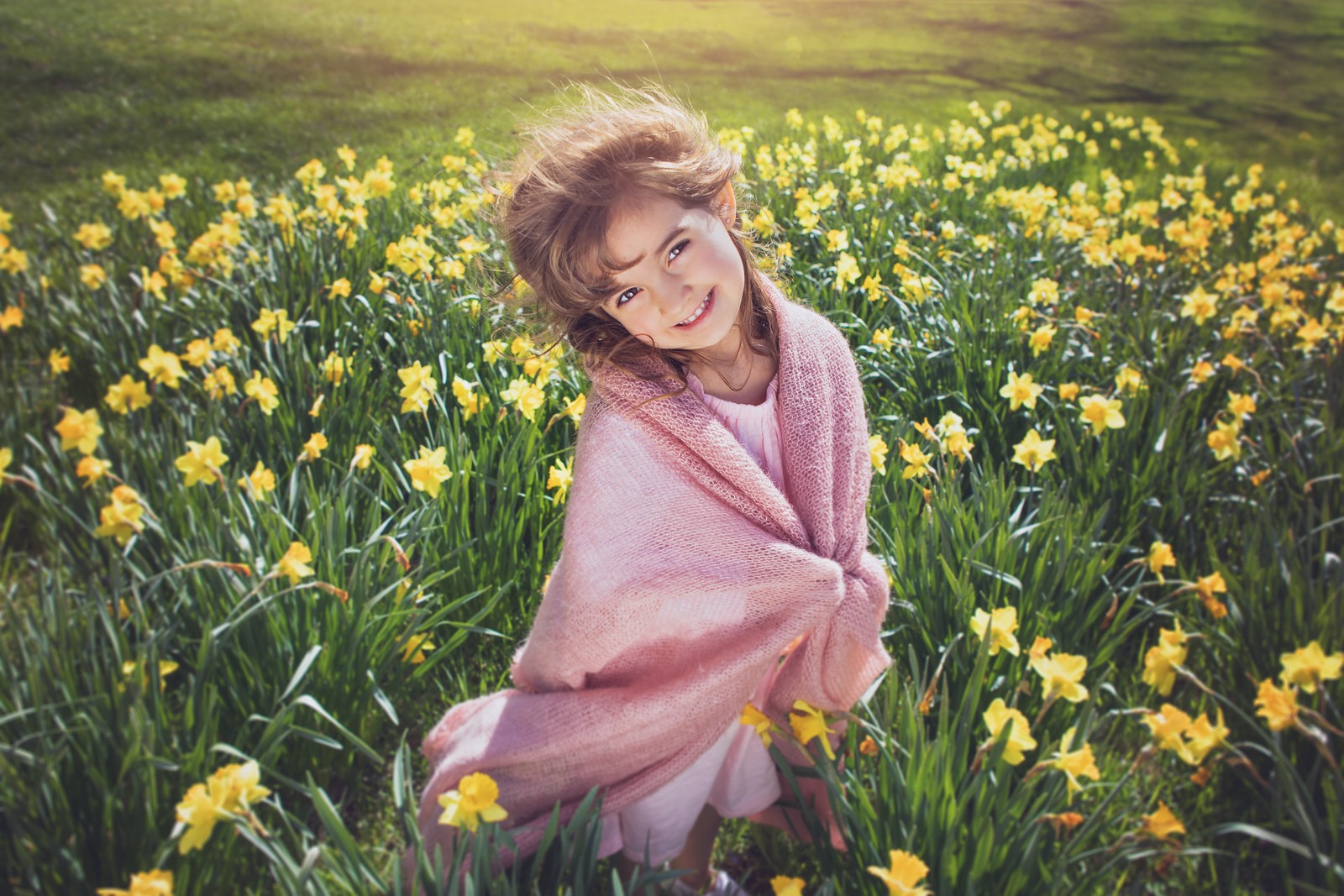 Girl with Pink Blanket in Daffodil Field in Cylburn Arboretum