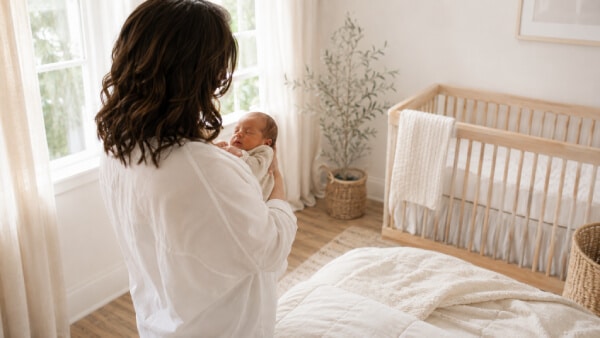 mother holding newborn baby in nursery during a lifestyle in-home newborn session