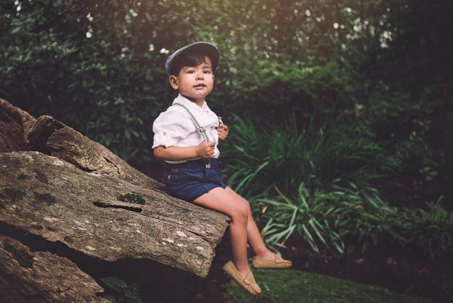 Portrait of a boy sitting on a tree