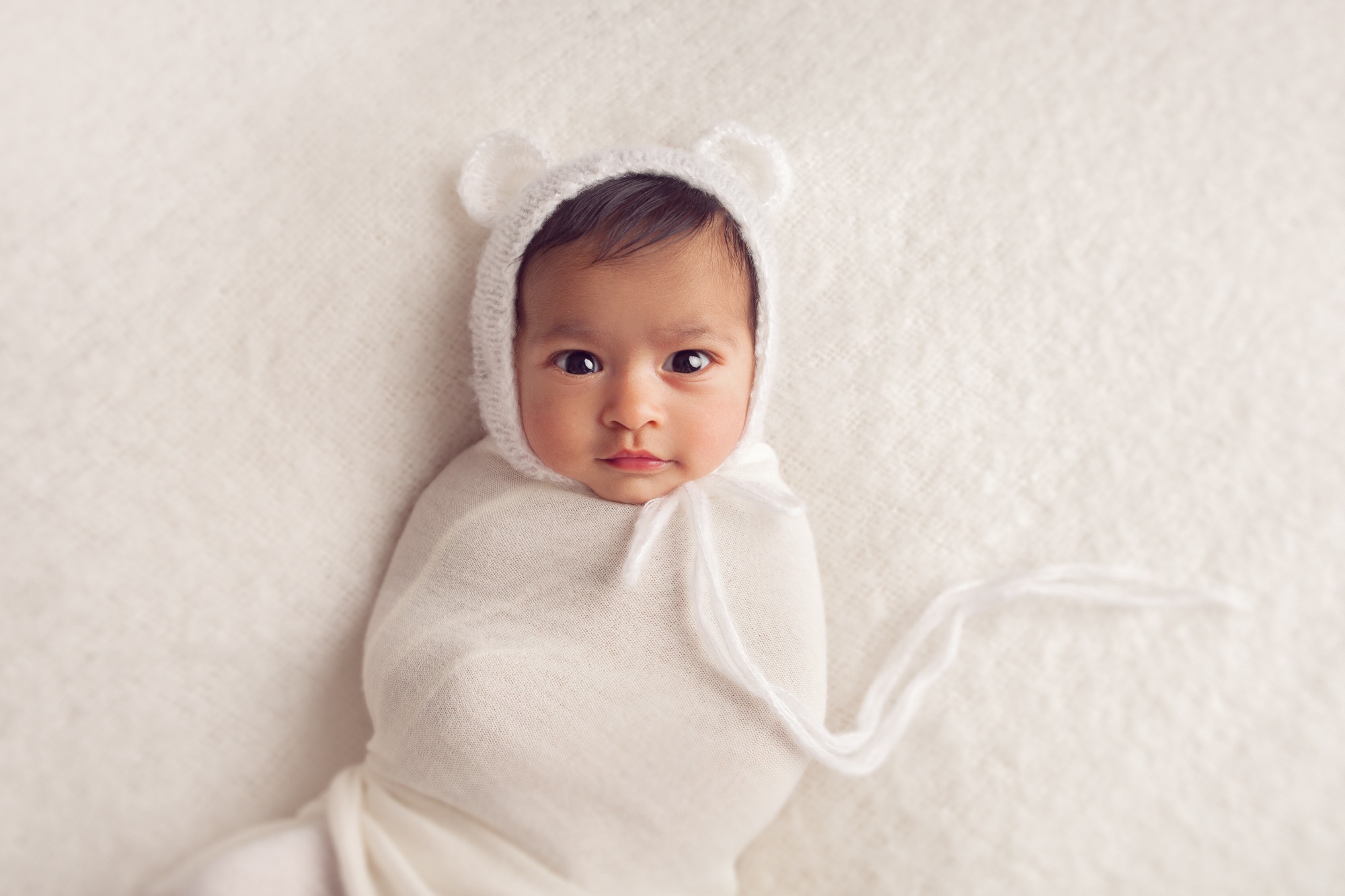 Swaddled newborn on white background