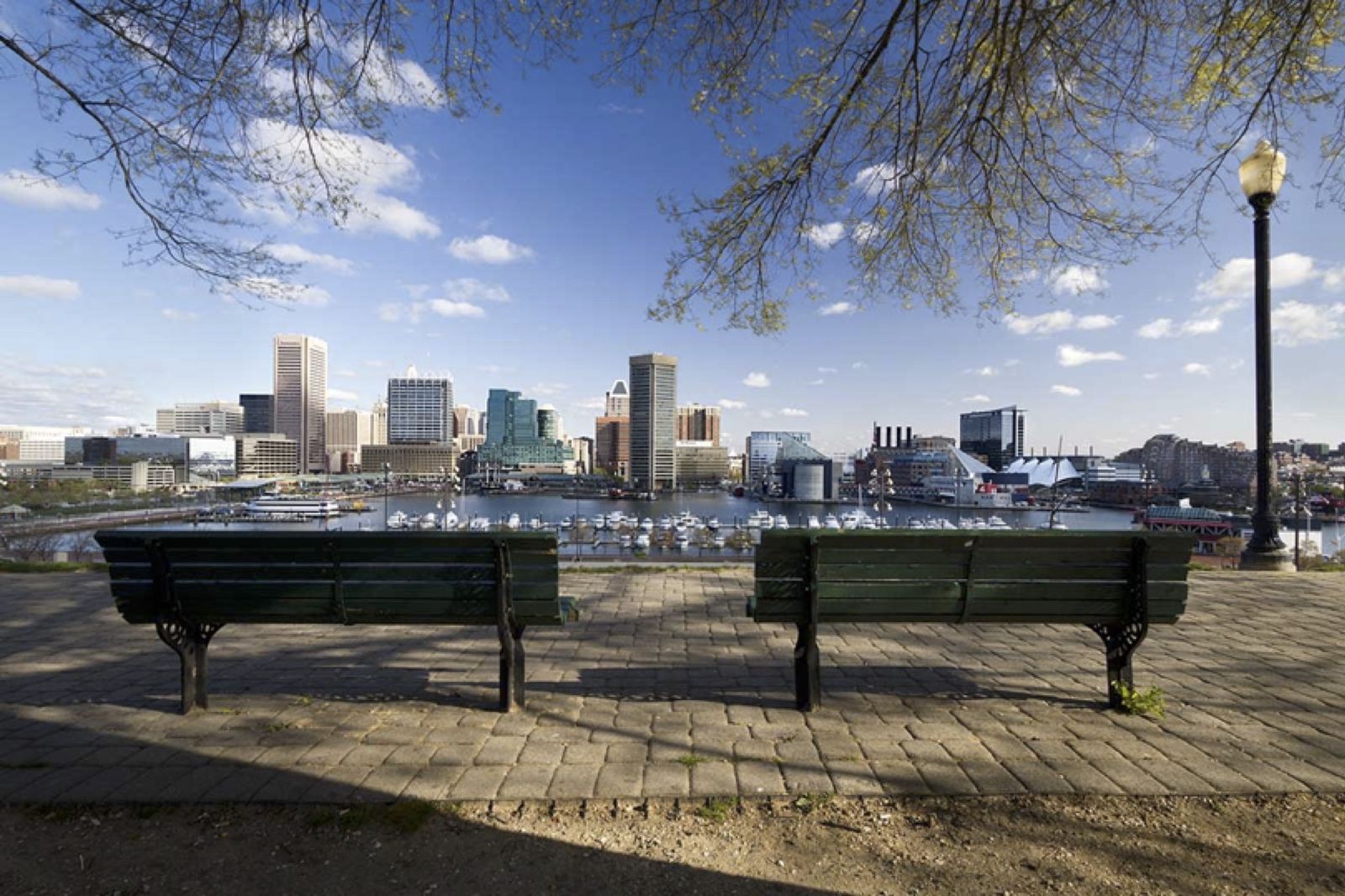 Benches in Federal Park overlooking Baltimore’s panorama