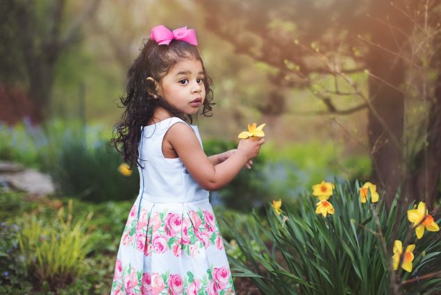 Professional picture of a two year old girl and yellow flowers