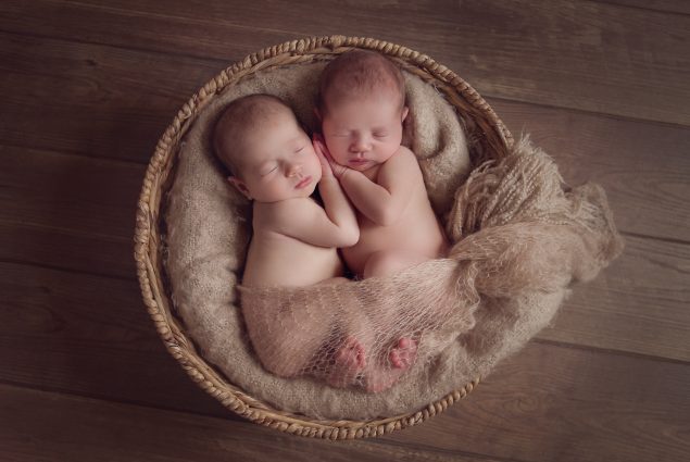 Twin newborns in wicker basket